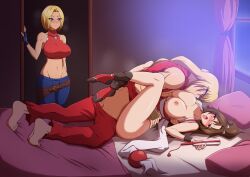 2girls absurdres barefoot bed bedroom belt black_socks blonde_hair blue_eyes blue_mary blush breast_sucking breasts breasts_out brown_hair capcom capcom_vs_snk capcom_vs_snk_2 clothed_sex clothes_pull crop_top crossover fatal_fury folding_fan gloves hand_fan hand_on_another&#039;s_head highres holding holding_fan jewelry ken_masters kmkz-art large_breasts missionary multiple_girls necklace non-web_source on_bed open_mouth pants pants_pull pillow ponytail sex shiranui_mai snk socks street_fighter street_fighter_zero_(series) surprised the_king_of_fighters tongue tongue_out vaginal watching