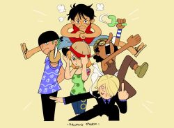 Rule 34 | 1girl, 4boys, bare shoulders, black hair, black necktie, black suit, blonde hair, blood, brown overalls, cesel, dark-skinned male, dark skin, formal clothes, hair over one eye, hat, holding, holding sword, holding weapon, long nose, looking at viewer, middle finger, monkey d. luffy, multiple boys, nami (one piece), nami (one piece) (arlong park), necktie, one piece, overalls, roronoa zoro, sanji (one piece), short hair, shoulder tattoo, sleeveless, straw hat, straw hat pirates, suit, sword, tank top, tattoo, usopp, weapon, wristband, yellow background