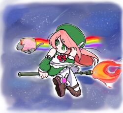 Rule 34 | 1girl, adjusting hair, animal, beret, bow, bowtie, brown sandals, buttons, cat, closed mouth, detached sleeves, dress, fire, green dress, green eyes, green hair, hair ornament, hairclip, hat, headphones, long hair, looking ahead, meme, momone momo, nyan cat, nyanyanyanyanyanyanya! (vocaloid), pink hair, pop tart, rainbow, red bow, red bowtie, sandals, saruyama ushirou, sitting, smile, thighhighs, utau, vocaloid, white bow, white thighhighs