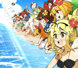 6+girls alice_margatroid alternate_costume ball beach beachball bikini black-framed_eyewear black_bikini black_one-piece_swimsuit black_wings blonde_hair blue_shirt blue_sky blush bow braid breasts brown_hair brown_horns cleavage closed_eyes closed_mouth cloud commentary_request cookie_(touhou) daiyousei day diyusi_(cookie) eyewear_on_head fishing_rod flat_chest flower flying food_print frilled_hair_tubes frills fruit_print full_body genpatsu_(cookie) glasses gram_9 green_hair grin hair_bobbles hair_bow hair_flower hair_ornament hair_tubes hairband hakurei_reimu head_wings hibiscus highres hinase_(cookie) holding holding_fishing_rod horns ibuki_suika izayoi_sakuya jumping kazami_yuuka kirisame_marisa koakuma large_breasts long_hair looking_afar macota_(cookie) manatsu_no_yo_no_inmu medium_breasts multiple_girls nadeko_(cookie) navel ocean old_school_swimsuit one-piece_swimsuit onozuka_komachi open_mouth outdoors pale_skin pink_innertube plaid_bikini plaid_clothes print_bikini red_bikini red_bow red_flower red_hair red_hairband reiuji_utsuho reu_(cookie) running sakenomi_(cookie) school_swimsuit shirt shishou_(cookie) short_hair single_braid sky smile sparkle striped_innertube swimsuit the_chicken_that_appears_in_the_middle_of_cookie touhou upper_body uzuki_(cookie) water watermelon_print white_innertube wings yajuu_senpai yamin_(cookie) yellow_bikini yellow_bow yellow_eyes yellow_flower yuzuyu_(cookie)