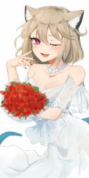 1girl absurdres animal_ear_fluff animal_ears arknights bare_shoulders black_nails brown_hair collarbone dress fang flower highres holding holding_flower jewelry looking_at_viewer one_eye_closed open_mouth red_eyes red_flower red_rose ring rose short_hair simple_background smile solo tail utage_(arknights) wedding_dress white_background xiao_mo_(xiaomo312)