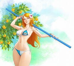Rule 34 | 1girl, arm tattoo, artist name, bare shoulders, bikini, bikini top only, breasts, closed mouth, commentary, english commentary, flower, food, fruit, hair flower, hair ornament, hibiscus, highres, holding, holding polearm, holding staff, holding weapon, large breasts, long hair, mandarin orange, midriff, mole, mole on breast, nami (one piece), navel, one piece, orange eyes, orange hair, outdoors, polearm, side-tie bikini bottom, smile, solo, staff, suddakka, swimsuit, tattoo, variant set, weapon