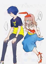 Rule 34 | 1boy, 1girl, animal ears, asanaka yomogi, bare hips, blue hair, blue jacket, breasts, brown hair, cha-handaisuki, detached collar, green eyes, gridman universe, hair ornament, hand on another&#039;s arm, high heels, highres, jacket, leaning forward, leotard, long hair, looking back, looking to the side, minami yume, pants, playboy bunny, rabbit ears, rabbit tail, scar, shirt, short hair, short sleeves, small breasts, speech bubble, ssss.dynazenon, t-shirt, tail, watch, wrist cuffs, wristwatch