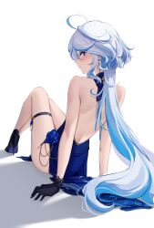 1girl absurdres ahoge alternate_costume arm_support backless_dress backless_outfit bare_arms bare_back bare_legs bare_shoulders black_footwear black_gloves blue_dress commentary dress dress_flower earrings feint721 floating_earring flower from_behind furina_(genshin_impact) genshin_impact gloves high_heels highres jewelry knees_up long_hair looking_at_viewer looking_back no_headwear paid_reward_available simple_background sitting sleeveless sleeveless_dress solo thigh_strap thighs very_long_hair white_background