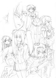00s 1boy 6+girls angry bow fuyou_kaede greyscale hair_ribbon hairband irigomame kareha kikyou kikyou_(shuffle) knife lisianthus maid monochrome multiple_girls nerine pleated_skirt pointy_ears pr_(puru) primula ribbon school_uniform serafuku shigure_asa short_hair shuffle! sketch skirt thighhighs tress_ribbon tsuchimi_rin twintails