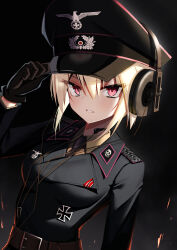 1girl absurdres adjusting_clothes adjusting_headwear belt blonde_hair brown_gloves cross epaulettes gloves hat headphones highres iron_cross jiseki_rena looking_at_viewer military_dress_uniform military_uniform nazi necktie original parted_lips peaked_cap red_eyes reichsadler rena_(jiseki_rena) short_hair solo throat_microphone totenkopf tsurime white_background