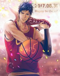 1boy 2017 a_jou aomine_daiki arm_up ball bare_shoulders basketball_(object) basketball_jersey basketball_uniform blue_eyes blue_hair blurry blurry_background cleveland_cavaliers closed_mouth collarbone commentary commentary_request compression_sleeve confetti cowboy_shot crew_neck dark-skinned_male dark_skin dated english_text happy_birthday holding holding_ball holding_towel kuroko_no_basuke looking_at_viewer male_focus national_basketball_association short_hair sleeveless smile solo sportswear towel twitter_username