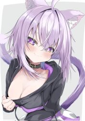 1girl animal_ears belt black_sweater breasts cat_ears cat_girl cat_tail choker clothes_pull fang highres hololive looking_at_viewer medium_breasts neko_skk nekomata_okayu nekomata_okayu_(1st_costume) purple_eyes purple_hair simple_background skin_fang smile smug sparkling_eyes sweater sweater_pull tail