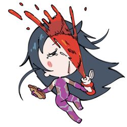 1girl :o bare_shoulders blush_stickers bodysuit chibi fishnets food food_on_face gloves holding holding_food igawa_asagi ketchup ketchup_bottle long_hair shiny_clothes shiny_skin skin_tight solo surprised taimanin_(series) taimanin_asagi taimanin_suit taimanun tears transparent_background weapon wide_hips
