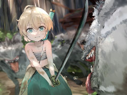 1girl aged_down aqua_eyes bare_shoulders blonde_hair blurry chest_sarashi creature depth_of_field funi_mu9 fur hakama highres hololive injury japanese_clothes katana kazama_iroha monster ponytail saliva sarashi scabbard sheath solo surrounded sweat sword tongue tongue_out virtual_youtuber weapon