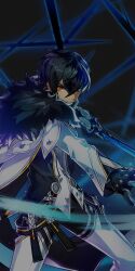 1boy belt black_background black_belt black_gloves black_hair black_jacket black_pants boots coat coat_on_shoulders covered_mouth cowboy_shot crossed_bangs dark-skinned_male dark_skin elsword fur-trimmed_coat fur_trim gloves hair_between_eyes highres holding holding_sword holding_weapon hwansang jacket light_particles long_sleeves loose_hair_strand magic male_focus multicolored_jacket official_art orange_eyes pants pointy_nose raven_cronwell second-party_source short_hair single_stripe solo striped_belt sword thigh_boots two-tone_jacket weapon white_boots white_coat white_jacket
