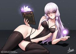 1girl adsouto black_panties book breasts collarbone fire_emblem fire_emblem:_three_houses grey_hair highres holding holding_book lingerie long_hair lying lysithea_von_ordelia magic medium_breasts nintendo on_side open_book panties red_eyes signature smile solo thighhighs underwear variant_set