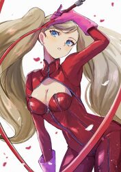 1girl blonde_hair blue_eyes bodysuit breasts cleavage cleavage_cutout clothing_cutout commentary_request earrings eyelashes falling_petals hair_ornament hairclip highres holding holding_whip jewelry kanna_nijiniji long_hair looking_at_viewer medium_breasts persona persona_5 petals red_bodysuit simple_background solo standing takamaki_anne twintails very_long_hair white_background