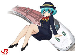 Rule 34 | 1girl, alternate hairstyle, aqua eyes, aqua hair, female focus, hat, hatsune miku, headphones, headset, high-speed train, pantyhose, pencil skirt, shoes, sitting, skirt, solo, tessai, train, train attendant, travel attendant, uniform, vocaloid