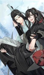 Rule 34 | 2boys, :d, absurdres, ahoge, black hair, black hanfu, blue sky, carrying, chinese clothes, closed mouth, cloud, couple, day, gearous, grey eyes, hair between eyes, hair ornament, hair ribbon, hanfu, headband, high ponytail, highres, holding, holding jar, jar, lan wangji, light particles, long hair, long sleeves, looking at another, looking at viewer, male focus, modao zushi, mountain, multiple boys, non-web source, official art, open mouth, outdoors, pants, ponytail, princess carry, red ribbon, ribbon, robe, sidelocks, sky, smile, standing, tassel, tassel hair ornament, topknot, wei wuxian, white hanfu, white headband, white pants, wide sleeves, xiao guan (headdress), yaoi, yellow eyes