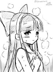 Rule 34 | 1girl, artist name, breasts, hair ribbon, half-closed eyes, highres, long hair, looking at viewer, monochrome, nakoruru, ribbon, samurai spirits, sketch, small breasts, smell, snk, solo, the king of fighters, towel, very long hair, yumecan2