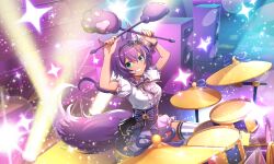 1girl animal_ear_fluff animal_ears aqua_eyes arms_up artist_request bloomers bow bowtie bracelet center_frills corset drum drum_set drumsticks frilled_shirt_collar frilled_sleeves frills from_above garter_straps grin hairband holding holding_drumsticks instrument jewelry long_hair looking_at_viewer low_ponytail music official_art playing_instrument ponytail puffy_short_sleeves puffy_sleeves purple_bow purple_bowtie purple_hair purple_hairband purple_nails ruhuyu_(show_by_rock!!) shirt short_sleeves show_by_rock!! sitting smile solo sparkle speaker stage tail thighhighs third-party_source underwear white_shirt white_thighhighs wolf_ears wolf_girl wolf_tail