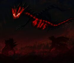 absurdres black_sky cape commentary crain1art dragon english_commentary eternatus floating_cape flying gen_8_pokemon glowing glowing_eyes highres holding holding_sword holding_weapon legendary_pokemon nintendo people pokemon pokemon_(creature) sky sword weapon zacian zamazenta