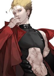 1boy ? abs arm_warmers blonde_hair blue_eyes center_opening coat collared_shirt cross detached_sleeves earrings facing_to_the_side highres jewelry loaoo81282312 looking_at_viewer male_focus multicolored_hair red_coat scar scars_all_over shirt simple_background skin_tight too_many trigun trigun_maximum two-tone_hair upper_body vash_the_stampede white_background