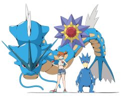1girl blue_eyes closed_mouth cropped_shirt gen_1_pokemon golduck gyarados hand_on_own_hip hashtag-only_commentary highres holding holding_poke_ball knees looking_at_viewer midriff misty_(pokemon) nintendo one_side_up poke_ball poke_ball_(basic) pokemon pokemon_(creature) pokemon_lgpe psaber97 shirt shoes shorts sleeveless sleeveless_shirt smile standing starmie white_background white_shirt