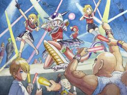 1st_form_frieza arima_kana armor bald blonde_hair blue_eyes chaozu crossover dodoria dragon_ball dragonball_z frieza hammar_dobucof highres horns hoshino_aquamarine hoshino_ruby king_cold long_hair mem-cho multicolored_hair multiple_boys multiple_girls open_mouth oshi_no_ko painting_(medium) piccolo roots_(hair) saitou_miyako smile tail tenshinhan traditional_media vegeta watercolor_(medium) zarbon