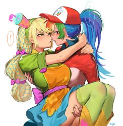 2girls alternate_skin_color applejack applejack_(equestria_girls) apron arms_around_neck back_bow baseball_cap belt blonde_hair blue_hair blue_skirt boots bow breasts brown_boots carrying carrying_person collared_shirt cup cutie_mark drinking_straw face-to-face feet_out_of_frame freckles green_eyes green_hair green_hairband green_shirt green_thighhighs hair_net hairband hashtag-only_commentary hat high_ponytail highres kewoshixiaodaia knee_boots knees_up large_breasts long_hair miniskirt multi-tied_hair multicolored_hair multiple_girls my_little_pony my_little_pony:_equestria_girls my_little_pony:_friendship_is_magic official_alternate_hairstyle orange_apron orange_hair parted_lips pink_belt pink_bow pink_eyes ponytail princess_carry purple_hair rainbow_dash rainbow_dash_(equestria_girls) rainbow_hair red_hair red_hat shirt short_sleeves simple_background skirt streaked_hair swept_bangs thighhighs upper_body white_background yuri zettai_ryouiki