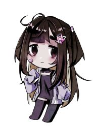1girl arm_up bags_under_eyes bandage_on_face bandages black_eyes black_pants black_shirt blunt_bangs brown_hair chibi chibi_only detached_collar exhausted ghost_hair_ornament jacket light_frown long_hair looking_at_viewer love_angel_syndrome messy_hair non-web_source official_art oversized_jacket pants pill_hair_ornament purple_jacket shirt sidelocks solo sparkling_eyes standing stray_hair transparent_background upper_body very_long_hair yuuna_(love_angel_syndrome)