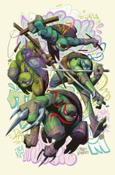 4boys blank_eyes colored_skin donatello_(tmnt) dual_wielding furry furry_male graffiti green_skin highres holding holding_nunchaku holding_sword holding_weapon katana leonardo_(tmnt) michelangelo_(tmnt) multiple_boys nunchaku raphael_(tmnt) ryan_smallman sai_(weapon) sword teenage_mutant_ninja_turtles turtle_boy weapon