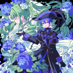 1boy 1girl ascot bad_id bad_twitter_id bicorne black_ascot black_coat black_gloves black_hat blue_eyes blue_flower blue_hair blue_rose cantarella_(vocaloid) closed_eyes coat floral_background flower gloves green_hair hair_flower hair_ornament hand_up hands_up hat hat_feather hatsune_miku highres kaito_(rosa_blue)_(vocaloid) kaito_(vocaloid) long_hair long_sleeves looking_at_viewer meremero open_mouth petals ponytail profile rose short_hair smile thorns very_long_hair vocaloid white_flower white_gloves white_rose