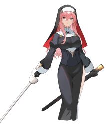 1girl absurdres black_dress black_veil breasts brown_eyes coif dress habit highres holding holding_sheath holding_sword holding_weapon long_hair long_sleeves looking_at_viewer medium_breasts mole mole_under_eye nun original parted_lips pink_hair ryou_(ponpgo) sheath sidelocks simple_background solo sword thighhighs unsheathed veil weapon white_background white_thighhighs