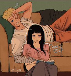 1boy 1girl bandaged_arm bandages blue_eyes blush closed_mouth couch english_text grabbing_another&#039;s_breast grey_eyes grey_skirt grin groping heart hetero highres hyuuga_hinata jolly_(jollyfarts) long_hair lying naruto_(series) naruto_shippuuden on_back orange_pants pants pink_shirt shirt skirt smile sweatdrop teeth uzumaki_naruto white_shirt