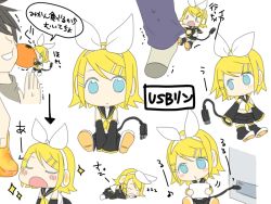 1boy 1girl aqua_eyes blonde_hair chibi colored_eyelashes food fruit hair_ornament hair_ribbon hairclip head_tilt kagamine_rin mandarin_orange mini_person minigirl music neckerchief oharu orange_(fruit) pulling_another&#039;s_clothes ribbon short_hair singing sitting sleeping socks sparkle tail translated usb vocaloid yellow_neckerchief