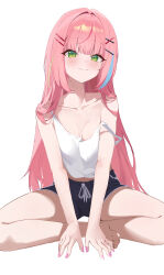 1girl :3 absurdres black_shorts blue_streaks blush collarbone green_eyes green_streaks hanako_nana highres long_hair looking_at_viewer multicolored_hair pink_hair rahwol177 shorts simple_background smile solo stellive streaked_hair tank_top virtual_youtuber white_background white_tank_top