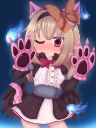 Rule 34 | animal ear hairband, animal ears, animal hands, black capelet, black hairband, black wings, blush, capelet, checkered ribbon, dark feather alma, dress, embarrassed, emil chronicle online, fake animal ears, fake tail, fireball, hair ribbon, hairband, halloween, highres, nose blush, one eye closed, pointy ears, ribbon, rna0, tail, white dress, wings