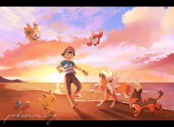1boy ash_ketchum bad_id bad_pixiv_id barefoot baseball_cap beach black_hair black_shorts blouse blue_shirt bracelet brown_eyes cloud cloudy_sky copyright_name creatures_(company) dusk english_text game_freak gen_1_pokemon gen_4_pokemon gen_7_pokemon hat highres jewelry litten lycanroc lycanroc_(dusk) male_focus mei_(maysroom) meltan mythical_pokemon nintendo open_mouth outdoors pikachu pokemon pokemon_(anime) pokemon_(creature) pokemon_sm_(anime) riding riding_pokemon rotom rotom_dex rowlet shirt shoes shore shorts sky spiked_hair standing striped_clothes striped_shirt teeth tide unworn_shoes upper_teeth_only z-ring