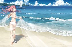 1girl :d ass back bare_arms bare_legs bare_shoulders barefoot beach bikini blue_sky boat breasts cloud cloudy_sky day dock feet female_focus floating_hair from_behind halterneck highres horizon kantoku kurumi_(kantoku) leg_up long_hair looking_at_viewer looking_back medium_breasts ocean open_mouth original outdoors pink_hair purple_eyes running sailboat sand scenery shadow side-tie_bikini_bottom sky smile soles solo standing standing_on_one_leg sunlight swept_bangs swimsuit toes two_side_up watercraft waves white_bikini wide_shot wind