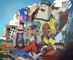 3girls absurdres bare_shoulders big_man_(splatoon) big_man_(splatoon_raiders) black_bra black_gloves black_shorts blonde_hair blue_hair bra breasts brown_eyes brown_hair chest_sarashi collarbone colored_extremities colored_eyelashes crop_top cross-shaped_pupils dark-skinned_female dark_skin earrings fang fingerless_gloves frye_(splatoon) frye_(splatoon_raiders) full_body gloves gradient_hair groin hair_bun hair_over_one_eye hand_on_own_hip highres inkling inkling_girl inkling_player_character jewelry knee_pads long_eyelashes long_pointy_ears mechanic_(splatoon_raiders) medium_hair midriff multicolored_hair multiple_girls navel nintendo octoling official_alternate_costume official_alternate_hairstyle one_eye_closed one_eye_covered open_mouth orange_pants pants parted_bangs parted_lips pointy_ears ponytail purple_hair purple_thighhighs red_eyes red_shoes sandals sarashi shading_eyes shawl shirt shiver_(splatoon) shiver_(splatoon_raiders) shoes short_hair shorts single_hair_bun single_knee_pad sitting skirt small_breasts socks splatoon_(series) splatoon_raiders symbol-shaped_pupils thick_eyebrows thighhighs tied_shirt toeless_socks underwear usa_go13 white_sandals white_shirt white_skirt white_socks wide_hips yellow_eyes yellow_shawl