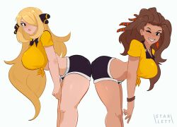 2girls artist_name ass ass-to-ass black_shorts blonde_hair bracelet breasts brown_hair closed_mouth collared_shirt creatures_(company) crop_top cynthia_(pokemon) ear_piercing earrings game_freak hair_ornament hair_over_one_eye highres jewelry large_breasts leaning_back long_hair looking_at_viewer multicolored_hair multiple_girls necklace nintendo one_eye_closed orange_eyes piercing pokemon pokemon_dppt pokemon_sv sada_(pokemon) shirt short_shorts shorts single_earring smile standing starlett streaked_hair teeth thighs very_long_hair white_background yellow_shirt