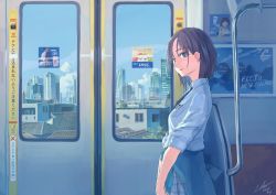 1girl absurdres ad asakura_toru blue_eyes building cardigan cardigan_around_waist city clothes_around_waist cloud dated earrings highres higuchi_madoka house idolmaster idolmaster_shiny_colors jewelry laminar_flow light_smile looking_at_viewer looking_to_the_side mode_gakuen_cocoon_tower necktie new_zealand object_in_pocket pen_in_pocket plaid_clothes plaid_skirt pleated_skirt pocket poster_(object) purple_hair scenery school_uniform shinjuku_(tokyo) short_hair signature skirt sleeves_rolled_up solo tokyo_(city) train train_interior v_arms