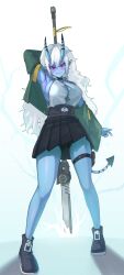 1girl absurdres aged_up armpits bare_legs black_choker black_shoes black_skirt blue_skin blush breasts choker cleavage clenu colored_skin green_jacket grin highres horns jacket large_breasts long_hair looking_at_viewer open_clothes open_jacket pleated_skirt polearm presenting_armpit red_eyes shirt shoes sideboob skirt sleeveless sleeveless_shirt smile solo soukaku_(zenless_zone_zero) spear standing thigh_strap thighs very_long_hair weapon white_background white_hair white_shirt zenless_zone_zero