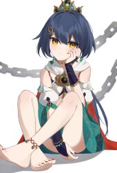 1girl absurdres anklet bare_shoulders barefoot bracelet chain chinese_clothes choker commentary detached_sleeves full_body grey_hair hair_between_eyes hair_ornament hairclip hand_on_own_face headpiece highres honkai:_star_rail honkai_(series) jewelry long_hair looking_at_viewer low_twintails merlin_(mer71n) red_nails shadow short_sleeves simple_background solo twintails white_background yellow_eyes yunli_(honkai:_star_rail)