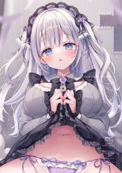 1girl black_bow black_bowtie blue_eyes blush bow bowtie breasts dress frilled_dress frilled_panties frills grey_dress grey_hair hair_ornament headdress large_breasts long_hair long_sleeves looking_at_viewer mitsuba_choco navel open_mouth original panties purple_panties ribbon solo stomach underwear