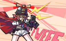 &gt;_&lt; 1girl alarm_siren azur_lane bandaid bandaid_on_face black_gloves blowing_whistle blue_necktie cape commentary english_commentary gallant_(azur_lane) gloves hat highres long_hair long_sleeves necktie pantyhose pink_hair pointing pointing_at_viewer police_hat red_cape shirt shorts sirhoopsalot solo whistle white_pantyhose white_shirt white_shorts