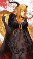 1girl absurdres alternate_costume animal_ears arknights black_cape black_dress black_horns blonde_hair cape chronopattern_dress commentary curled_horns degenbrecher_(arknights) dress english_commentary goat_ears goat_horns hair_between_eyes highres horns long_hair looking_at_viewer looking_down meme_attire solo yellow_eyes yuki_flourish