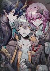 Rule 34 | 1girl, 2boys, astral express (honkai: star rail), black coat, black flower, black gloves, black hair, black jacket, black shirt, caelus (honkai: star rail), chin rest, coat, dan heng (honkai: star rail), dragon horns, evernight (honkai: star rail), expressionless, fingerless gloves, flower, gloves, grey hair, hair between eyes, hair flower, hair ornament, hair over shoulder, head on head, head rest, highres, holding, holding polearm, holding umbrella, holding weapon, honkai: star rail, honkai (series), horns, jacket, long hair, low ponytail, march 7th (honkai: star rail), multiple boys, open clothes, open jacket, pink hair, pointy ears, polearm, ponytail, red eyes, red flower, sandwiched, shirt, shisui53, short hair, smile, teeth, trailblazer (honkai: star rail), twitter username, umbrella, upper body, weapon, white hair, wrist cuffs, yellow eyes, zipper
