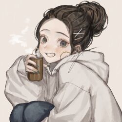 1girl black_hair blue_pants can grin hair_bun holding holding_can hood hoodie light_blush looking_at_viewer original pants sayoko_(sayosny2) single_hair_bun smile solo teeth upper_body white_background white_hoodie