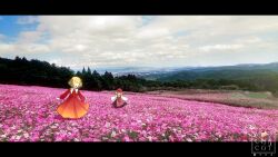 2girls :d aki_minoriko aki_shizuha apron black_skirt blonde_hair blue_sky brown_apron cloud cloudy_sky cosmos_(flower) day dress field flower flower_field hat highres letterboxed long_sleeves mob_cap mochacot multiple_girls open_mouth outdoors photo_background purple_flower red_dress red_hat shirt short_hair siblings sisters skirt sky smile touhou wide_shot yellow_shirt