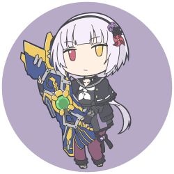 1girl assault_lily black_bow black_capelet black_choker black_flower black_gloves black_hairband black_ribbon black_sailor_collar black_serafuku black_shirt black_skirt blunt_bangs bow bow_hairband capelet chibi choker closed_mouth commentary_request fingerless_gloves flower frilled_capelet frills full_body gloves grey_hair hair_flower hair_ornament hair_ribbon hairband hand_up heterochromia holding holding_weapon jika-tabi long_hair long_sleeves looking_at_viewer low_ponytail lowres masaki_itsuki miniskirt neckerchief no_pupils pantyhose ponytail purple_background purple_flower purple_pantyhose red_eyes ribbon ribbon_choker round_image sailor_collar school_uniform serafuku shirt simple_background skirt solo standing thigh_bow transparent_background very_long_hair weapon white_neckerchief yamaguchi_chihiro_(assault_lily) yellow_eyes