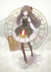 1girl android aoyagi_neko argyle arm_strap blunt_bangs brown_hair buckle character_request clock collared_shirt commentary_request doll doll_joints dress expressionless female_focus fringe_trim full_body gauge green_dress green_eyes head_tilt holding holding_luggage jewelry joints key label long_hair long_sleeves looking_at_viewer luggage mechanical_legs necklace parted_lips revision robot_joints roman_numeral shirt sleeveless sleeveless_dress solo standing steam steampunk steampunk_(liarsoft) stone_floor tag valve walking white_background white_shirt wind