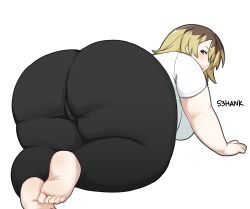 Rule 34 | 1girl, 53hank, all fours, ass, black pants, blonde hair, blue eyes, breasts, brown hair, fat, fat woman, feet, from behind, huge ass, large breasts, looking back, medium hair, multicolored hair, original, pants, plump, shirt, solo, t-shirt, thick arms, thick thighs, thighs, tight clothes, tight pants, white background, white shirt, wide hips, yoga pants